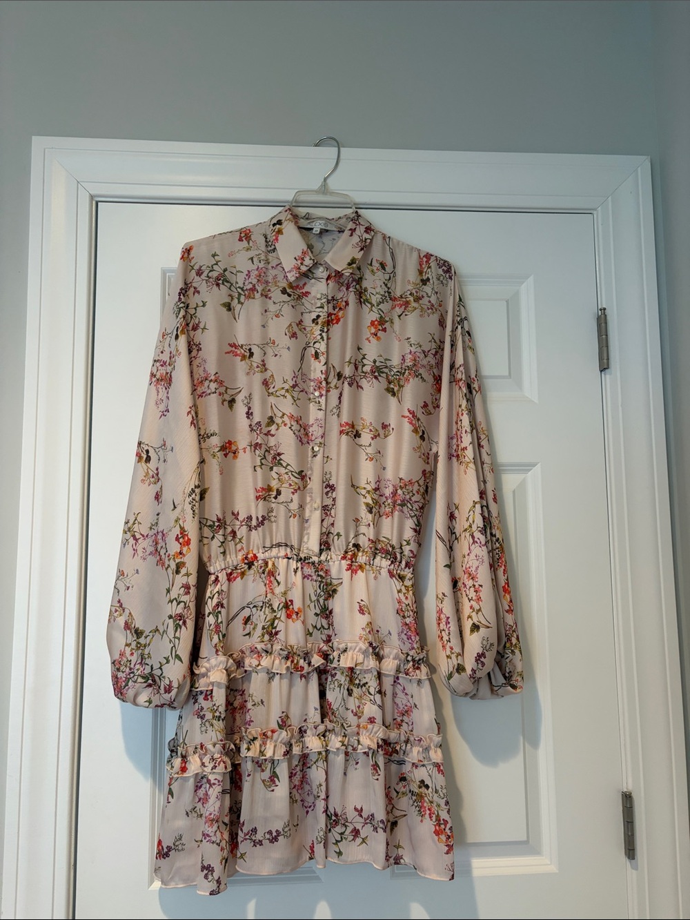 Alexis Floral Tiered Long-Sleeve Dress in Cream with Pink and Green Accents